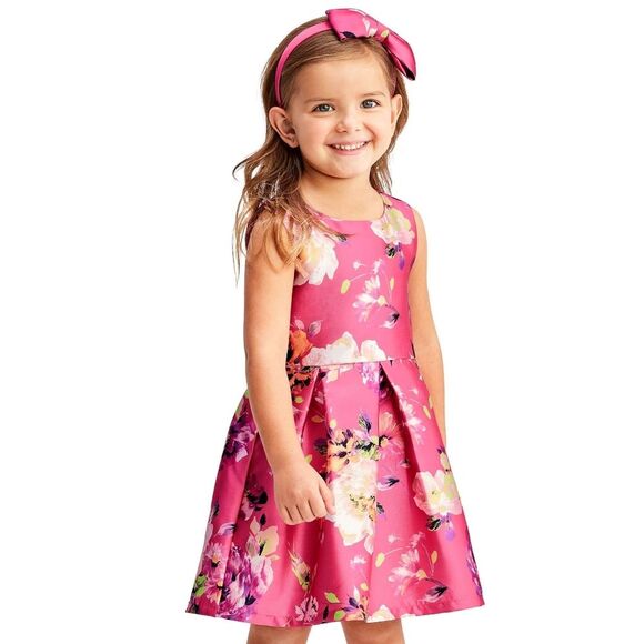 Girls Elegant Floral Magenta Pleated Formal Dress Cardigan & Headband Set Size 6 - Picture 2 of 16